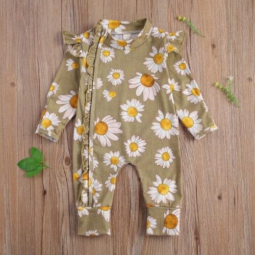 Sunflower Printed Romper For Baby Girl Toddler Long Fly Sleeve Ruffled Front Causal Jumpsuits for Spring Newborn Infant Clothes