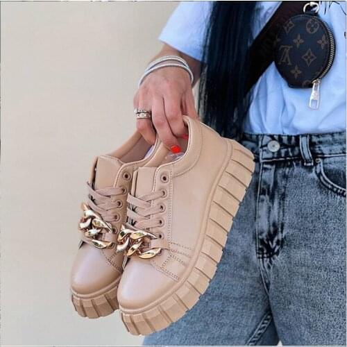 New Women Flats Shoes Metal Chain Autumn Female Sneakers Thick Bottom Pu Ladies Casual Shoe Solid Large Size 43 Ladies Fashion