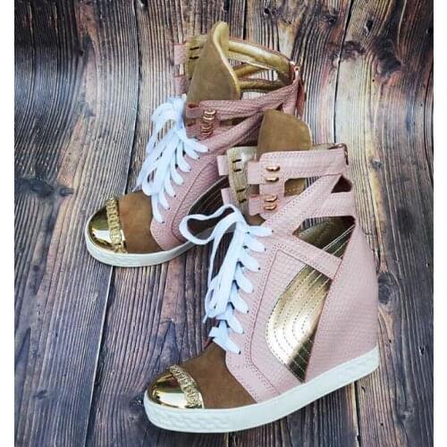 Fashion Patchwork Wedge Ankle Boot Chain Docor Round Toe Rubber Sole Lace-up Height Increasing Sneaker Pink Gold Leather Outside
