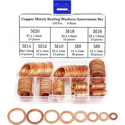 150Pcs Copper Washer Gasket Nut and Bolt Set Flat Ring Copper Seals Assortment Kit M6 M8 M10 M12 M14 M16 M18 M20 for Sump Plugs