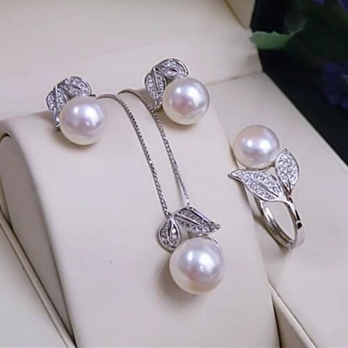 Pearl Earrings Necklace Pendant Ring For Women Natural Freshwater White Pearl Jewelry Set 925 Sterling Silver Jewelry Sets Gift