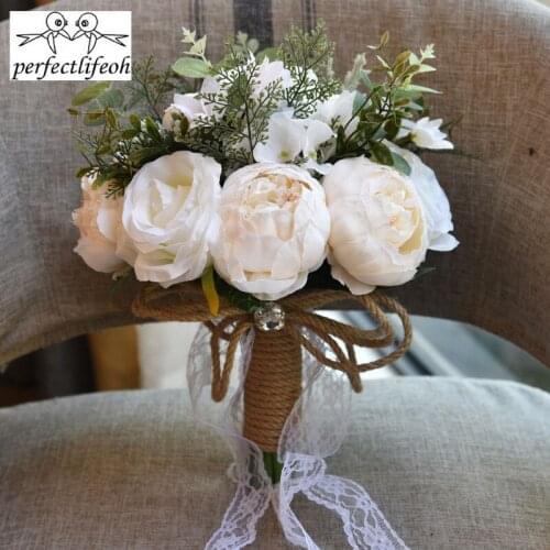 Perfectlifeoh Artificial Peony Wedding Bouquets For Brides casamen Lace Wedding Flowers Brooch Bouquets Bouquet De Mariage