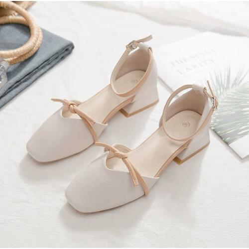 Shallow Mouth Female Sandal Black Shoes for Women 2021 Summer Mary Jane Large Size Med Block Heels Buckle Strap Girls Beige Fash