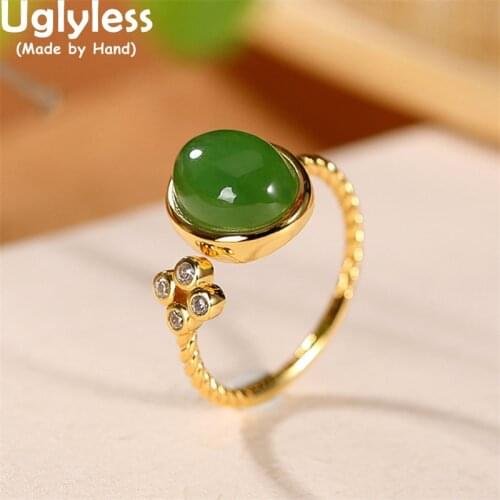Uglyless Hotan Nature Green Jade Jasper Rings for Women Simple Minimalists Jewelry Real 925 Silver Blank Gemstones Rings Crystal