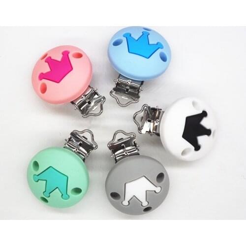 Chenkai 10pcs BPA Free Round Silicone Crown Clips DIY Baby Teether Pacifier Dummy Montessori Sensory Holder Chain Jewelry Toy