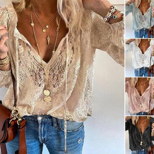 Hot Sale Womens t-shirt Sexy Women Blouse Long Sleeve Floral Lace Solid Color V Neck Hollow Out Loose T-shirt Shirt Plus Size