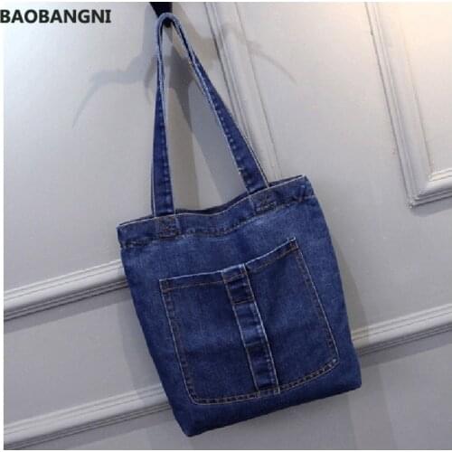 New Large Capacity Women Shoulder Bags Wild Casual Handbag Street Canvas Denim Shoulder Bag Solid Color Zipper Bag