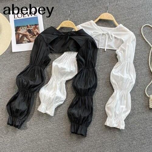 2021 New Summer Fashion versatile V-neck puff sleeve Shirt high waist bandage solid short sunscreen shawl Shirt Top