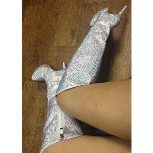 Women Newest Silver Crystal Knee High Boots Stiletto Heel Platform Dress Shoes Exquisite Rhinestone Zipper Banquet Pumps