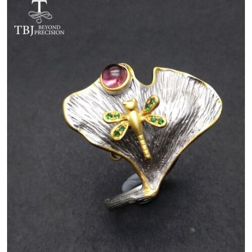 TBJ,Natural pink tourmaline and green tsavorite gemstone ring in 925 sterling silver special gingko leaf design ring for women