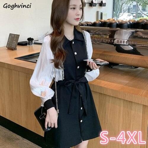 Long Sleeve Dress Women Patchwork Turn-down Collar Ins Office Ladies Fake Two Pieces Plus Size 4XL Slim Loose Date Streetwear BF