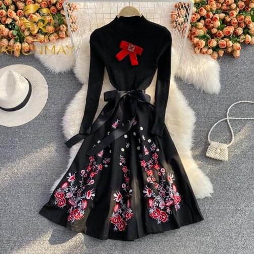 Women Autumn & Winter Elegant Embroidery Sweater Knitted Dress Female Office Party Robe High Quality Designer Vintage Vestidos