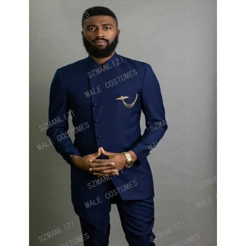 2021 Fashion African Design Slim Fit Men Suits For Wedding Groom Tuxedos Navy Blue Bridegroom Suits Best Man Prom Blazer