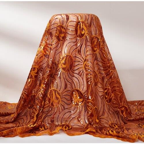 Afrcan Sequins Lace Fabric 2021 New Caramel French Tulle Sequin Sewing Flower Embroidery Fabrics 5 Yards Dresses For Women A2515