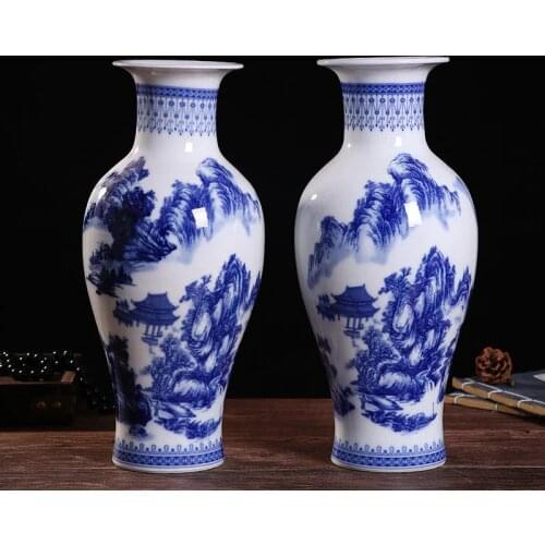 36cm Large Antique Vase Celadon Porcelain Traditional Chinese Landscape Flower Decorative Vase For Flowers Living Room