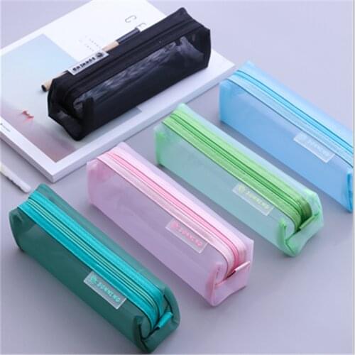 Kawaii Cute Solid Color Transparent Mesh Pencil Case School Student Supplies Pen Box Pen Bag Stationery Storage Bag