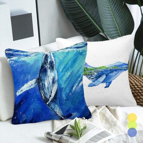 Watercolor Whale Cushion Covers Polyester Ocean Blue Sea Fish Decorative Pillowcases 45x45 for Sofa Couch Living Room Decor