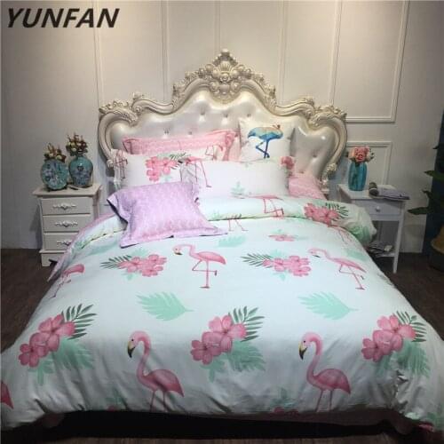 Home Textile Flamingo Pattern bedclothes 100% Cotton White Pink Princesses Girl Bedding Sets Duvet Cover Pillowcase fitted Sheet
