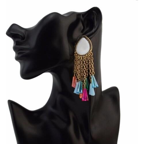 Idealway New Fashion Dangle Tassel Chain Ear Line Colorful Beads Long Tassel Statement Earrings for Women Bridal Wedding Jewelry