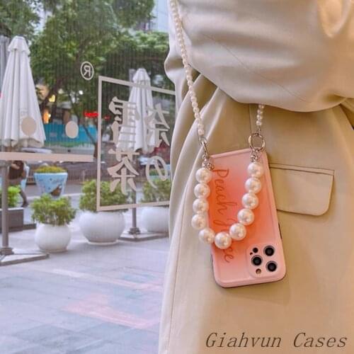 Ins Peach Big Pearl Bracelet Chain Wrist Necklace Phone Case For iphone 12 Pro Max 11 ProMax 7 8 Plus X XR XS SE mini Cover capa