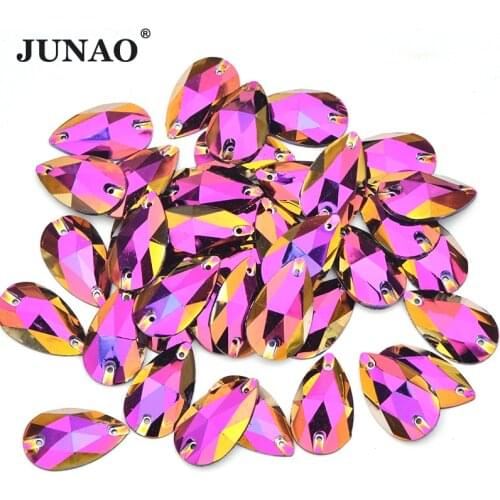 JUNAO 17*28mm Sewn Rose Gold AB Drop Rhinestone Flatback Resin Crystal Strass Applique Sewing Strass Stones for Needlework