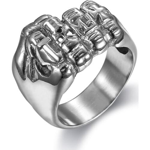 Free Shipping Wholesale Price Mens Fist Ring 316L Stainless Steel Unique Silver color Cross Vintage Skull Finger Ring
