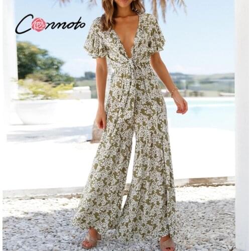 Conmoto Deep v-neck tie a knot summer jumpsuit women Elegant beach vacation floral jumpsuit Boho wide leg long romper jumpsuits