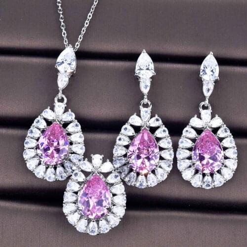 QTT Luxury AAA Cubic Zircon Water Drop Wedding Earrings Necklace Ring Set For Women Bridal Jewelry Sets Party Accessories