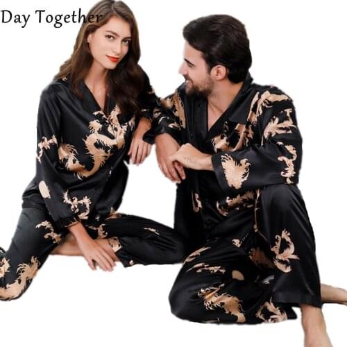 Summer Lovers Couple Silk Pajamas Pyjama Set For Women Men Chinese Wind Dragon Print Long-sleeved Sleepwear Rayon Home Clothes