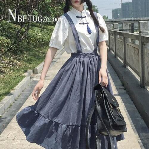 2020 Summer Preppy Style Retro Sweet Women Sets Suspender Dress And Slim Blouse Female Sets