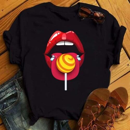 Maycaur New Fashion Women T Shirt Lollipop In Red Mouth Print T Shirt Female Harajuku Kawaii Lips Printed Tops 90s Ladies Tees