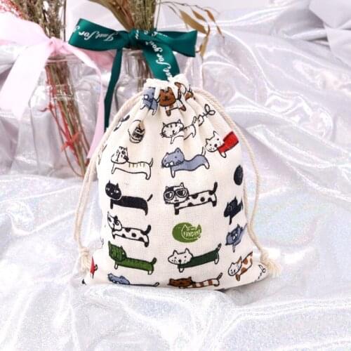 5pcs 14*16cm Handmade cat Cotton Linen Storage Package Bag Drawstring Bag Small Coin Purse Travel Women Wedding Gift Packaging