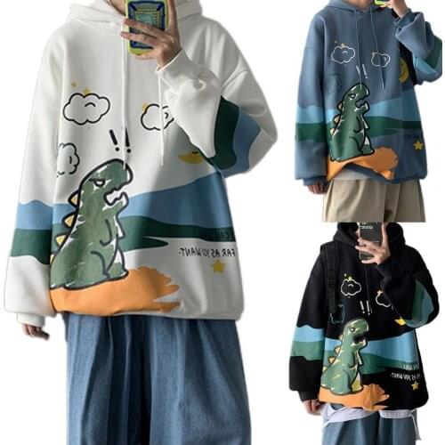 Men Winter Cartoon Dinosaur Print Pullover Long Sleeve Sweatshirt Loose Hoodie