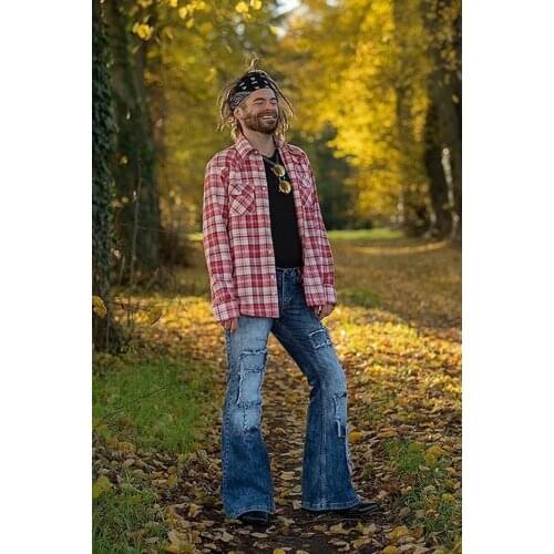 New Men Jeans Patch Elastic Flare Pants Retro Denim Jeans for Men Fashion Casual Patchwork Jeans Plus Size Men Clothing