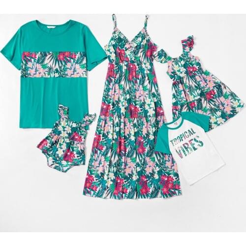 PatPat 2021 New Summer Mosaic Family Matching Floral Tank Dresses Turquoise Color T-shirts