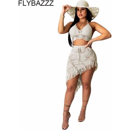Beach Crochet Tassel Solid Sexy Two Piece Skirt Set Summer Beach Bikini Cover Up 2 Piece Knit Outfits For Women Clothing Sets