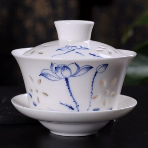Hollow Ceramic Gaiwan,Porcelain Kungfu Tea Cup Ceremony Tureen teaware teaset pu'er/puerh/oolong/white/green/black/flower tea