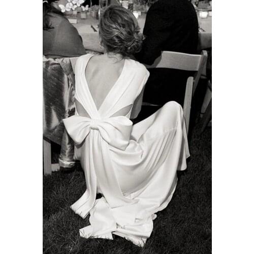 V neck backless bow satin SIMPLE wedding dress bridal gown with sweep train factory price CUSTOM MADE