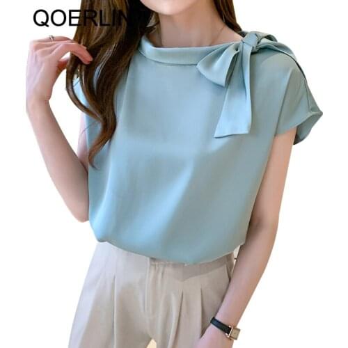 QOERLIN S-2XL Fashion Womens Blouses 2021 Summer Elegant Short Sleeve T Shirt Women Office Ladies Bandage Workwear Blusa Mujers