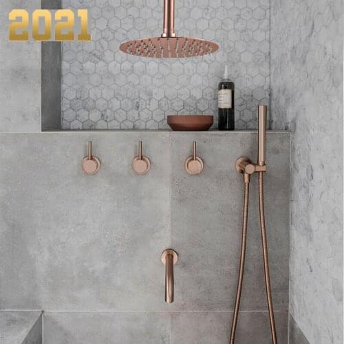 Bathroom Shower Set Brushed Rose Gold Simplicity Solid Brass 8" Shower Head Faucet Mixer Tap Shower Bath Black Chrome