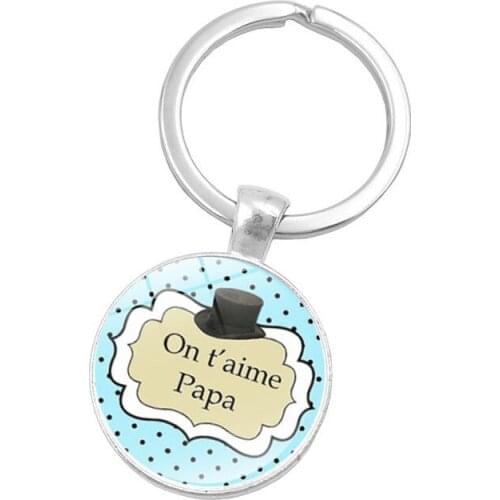 Glass Cabochon Silver Plated Keychain Jewelry with Merci Maitresse" Super Papa Shaped Car Keychain Ring for Dad Gift