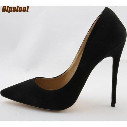 New Fashion Faux Black Suede Pointy Toe High Heels Slip On Ladies Sexy Pumps High Quality Female Party Shoes Dress Heels Size 42