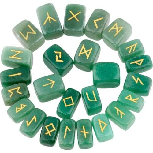 TUMBEELLUWA 1Lot (25Pc) Natural Green Aventurine Engraved Rune Stones Set Healing Reiki Crystal Tumbled Stones