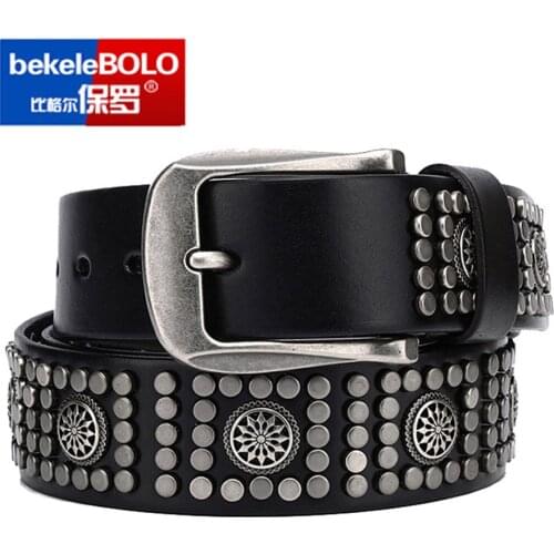 Rock Punk Mens' Studded rivet Whole cut Cowhide Jeans Belt Genuine Leather Womenn Metal Plate Rivet Punk Belt Cowhide Hiphop