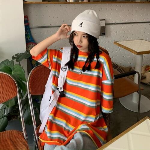 Summer New Hip-Hop Style Casual Oversized Female Short-Sleeved t-Shirt 2021 Wild Hit Color Striped Loose Summer Dress