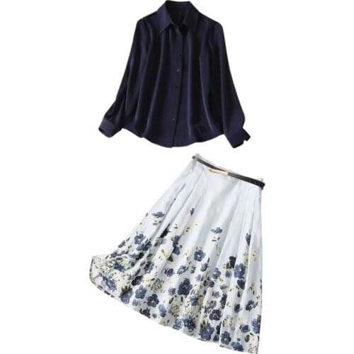 Women Summer Clothing 2Pcs Set Navy Blue Shirt + Belted Knee Length A-Line Floral Skirt
