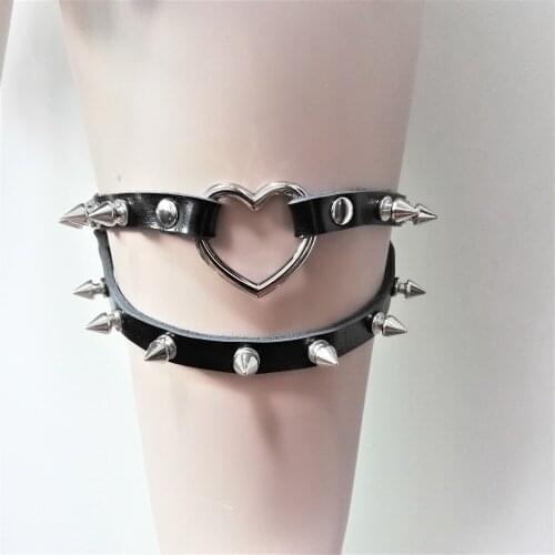 Women Fashion Handmade Sexy Punk Rock Studded Rivets Elastic Leg Ring 2 rows sweet heart bullet Belt club goth Harajuku garter