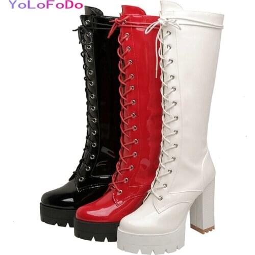 Black White Red Patent PU Leather Women Knee High Boots Platform Square High Heel Calf Boots Fashion Cross Tied Womans Shoes