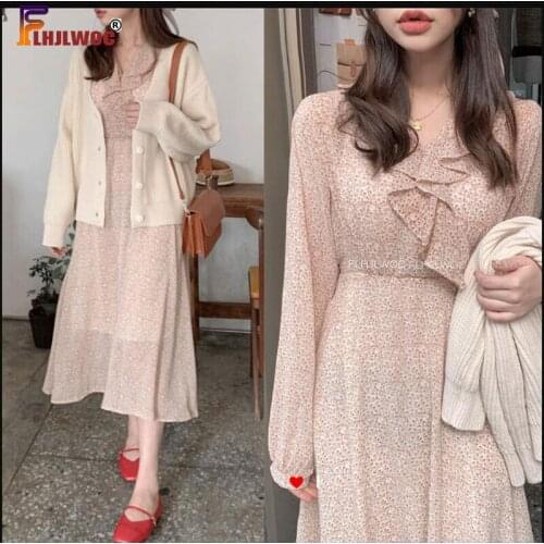 Long Chiffon Dress Summer Autumn Basic Wear Floral Printed Korean Japan Style New Design Ruffled Women Dresses Fashion Vestidos