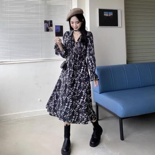 Autumn Floral V-neck Long-Sleeve Dress Womens Chiffon Flared Sleeve Dress Woman Dresses Vestido De Mujer Femme Robe